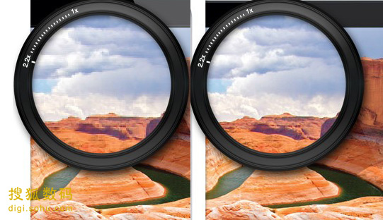 视网膜屏（右）与普通屏幕放大后的对比