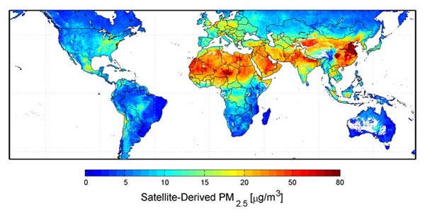 PM2.5分布世界地图。图片来自NASA，感谢网友@一牛一熊之谓道